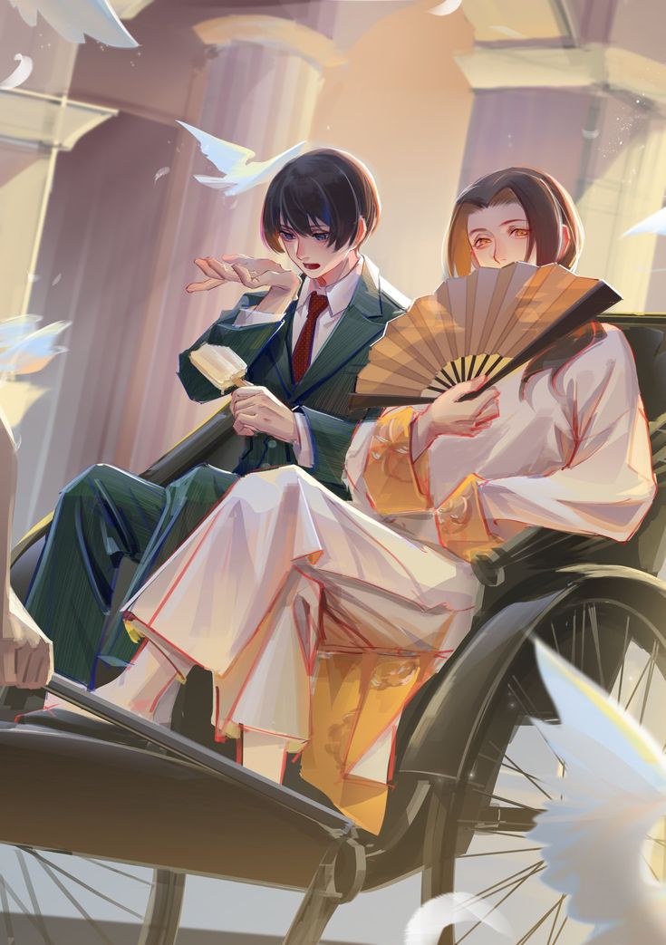 two people in kimonos sitting on a carriage with birds flying around and one person holding an umbrella