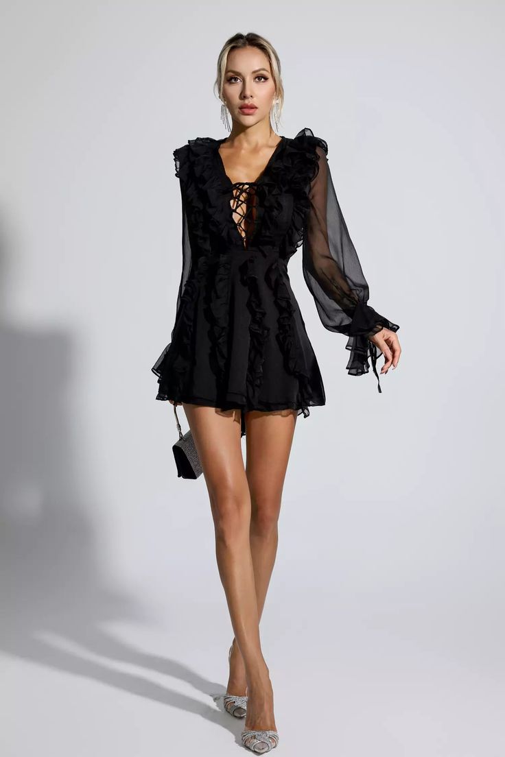 Chic V-neck Chiffon Party Dress, Chic Long Sleeve Chiffon Dress With Ruffles, Long Sleeve Chiffon Mini Dress For Cocktail, Sheer Chiffon Mini Dress For Party, Spring Long Sleeve Chiffon Party Dress, Spring Long Sleeve Chiffon Dress For Party, Elegant Backless Chiffon Mini Dress, Flirty Chiffon Mini Dress For Night Out, Flirty Chiffon Mini Dress For Evening