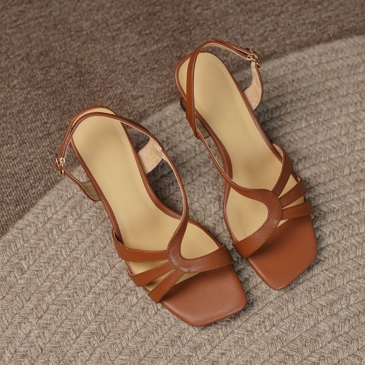 Handmade with premium leather. these open toe sandals are stylish and unique. Upper: Genuine Leather Lining: Genuine Leather Outsole: TPR Toe Shape: Open Toe Heel: 6.5cm/2.5'' Closure: Buckle Strap is_handmade: Yes Brown Square Toe Sandals For Evening, Elegant Brown Sandals With Square Toe, Brown Medium Width Ankle Strap Slingback Sandals, Brown Ankle Strap Slingback Sandals Medium Width, Brown Beach Sandals With Padded Heel, Brown Padded Heel Sandals For Beach, Brown High Heel Sandals For Evening, Brown Open Heel Toe Ring Sandals For Spring, Brown Ankle Strap Sandals For Evening