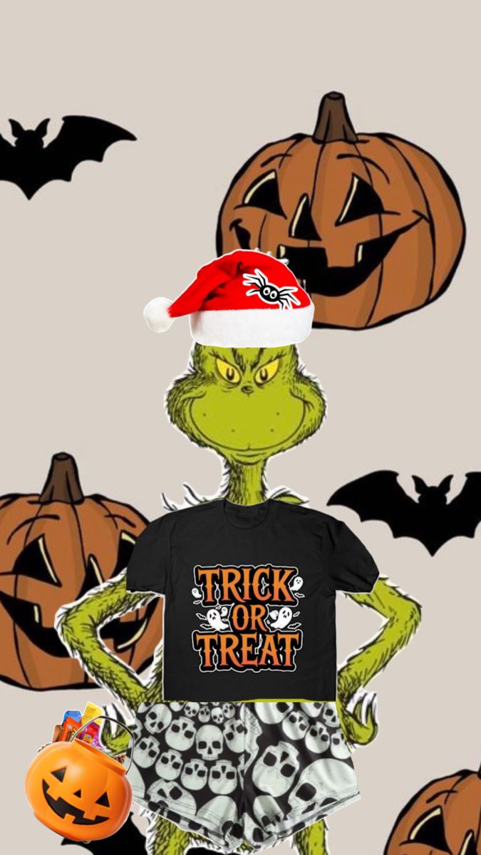 the grin is wearing a trick or treat t - shirt while standing in front of pumpkins