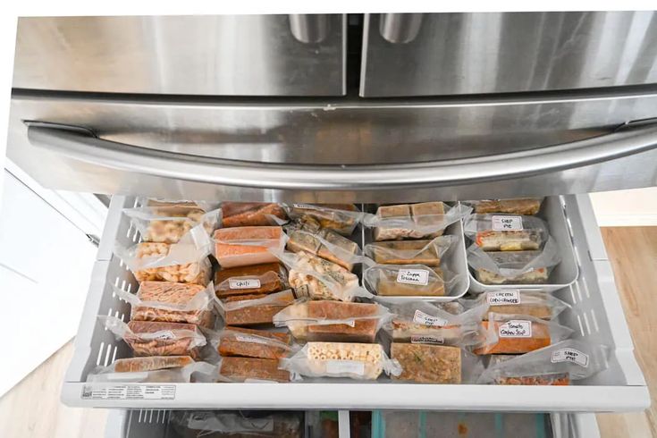 an open refrigerator filled with lots of different foods and condiments in plastic bags