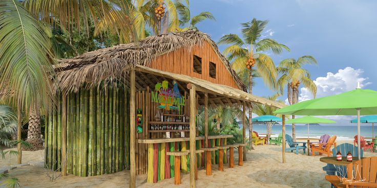 there is a hut on the beach with palm trees and umbrellas in front of it