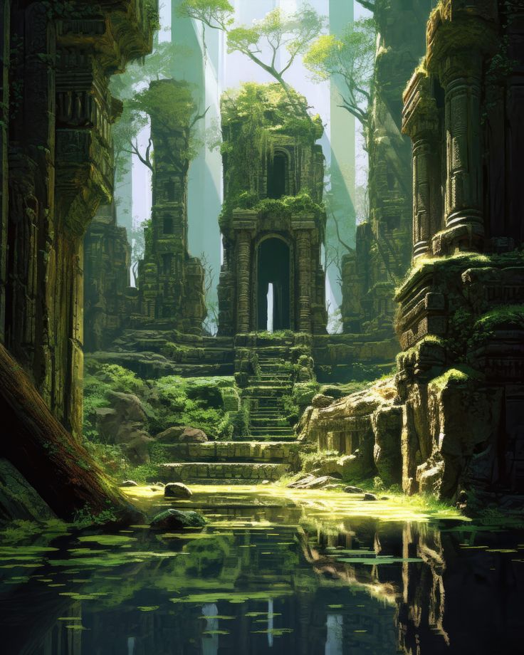 an image of a fantasy setting with water and trees in the foreground, surrounded by ruins