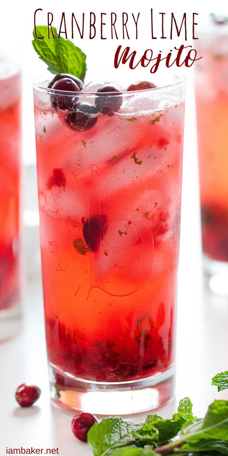 cranberry lime mojito with mint garnish in a glass on a white surface