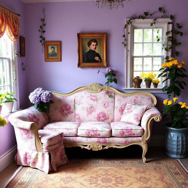 a living room filled with furniture and flowers in front of a painting on the wall