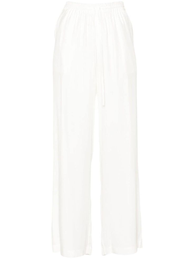 white silk satin finish elasticated waistband two diagonal pockets to the sides straight leg drawstring fastening waist Bohemian Wedding Guest, Yoko London, City Dress, Pants Straight, Straight Leg Trousers, White Silk, Summer Beach Wear, Straight Leg Pants, Bottoms Pants