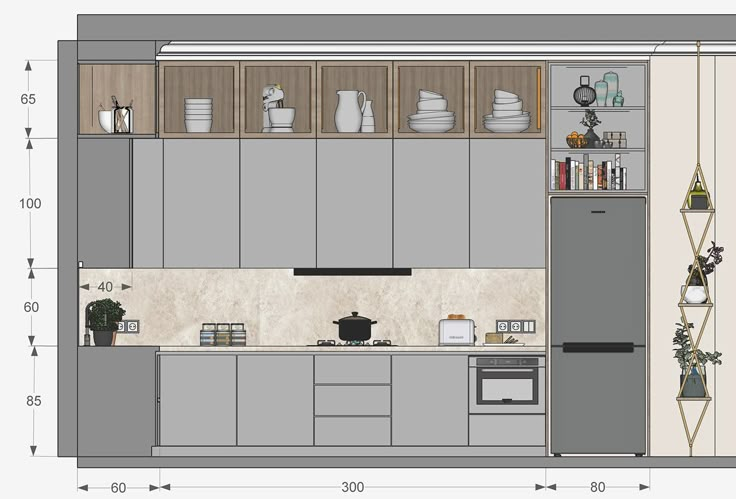 a drawing of a kitchen with cabinets and shelves