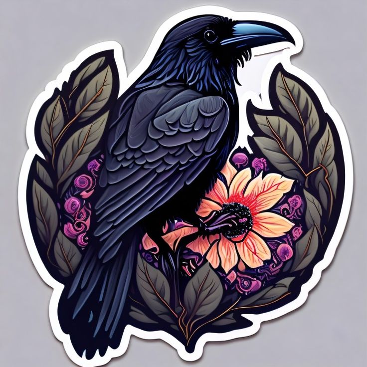 a black bird sitting on top of a flower next to leaves and flowers in front of a gray background