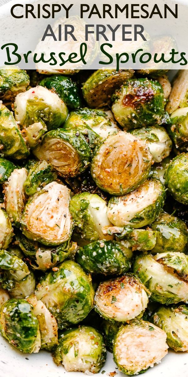 crispy parmesan air fryer brussel sprouts in a white bowl