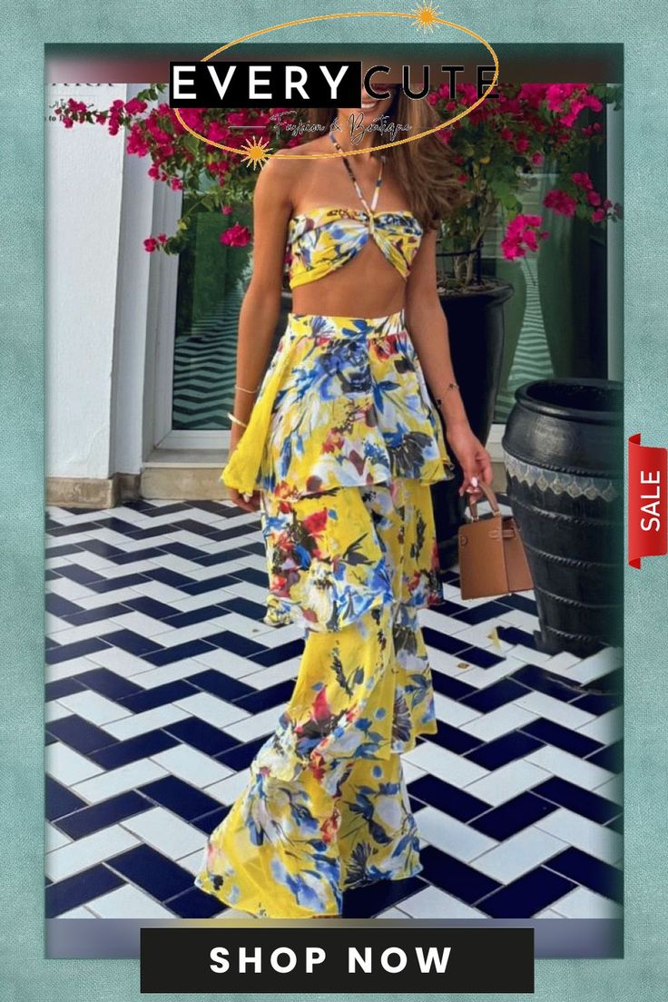 Elegant Holiday Top & Pants Two-piece Set Yellow Two-piece Bottoms For Spring, Yellow Two-piece Set For Spring, Two-piece Pants For Vacation In Spring, Vacation Ready Wide Leg Two-piece Set, Chic Two-piece Set For Spring Vacation, Vacation Two-piece Wide Leg Set, Vacation Two-piece Set With Wide Leg, Fitted Two-piece Set For Vacation In Spring, Fitted Two-piece Set For Spring Vacation