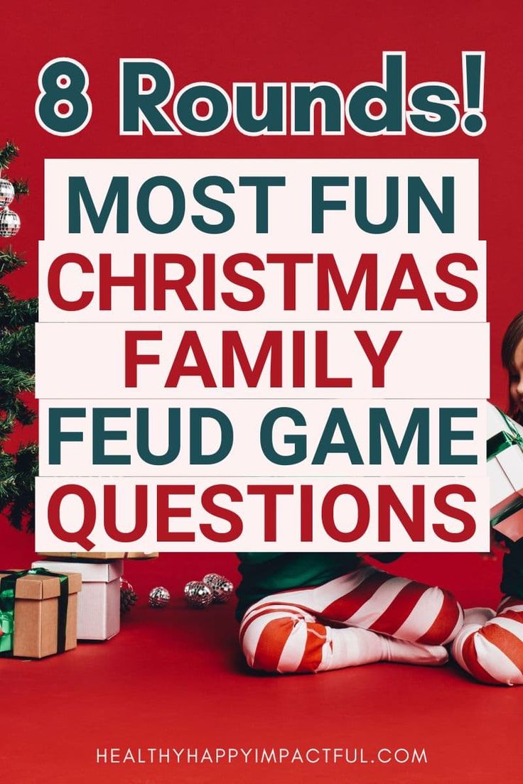 a woman sitting in front of a christmas tree with the words 8 rounds most fun christmas family