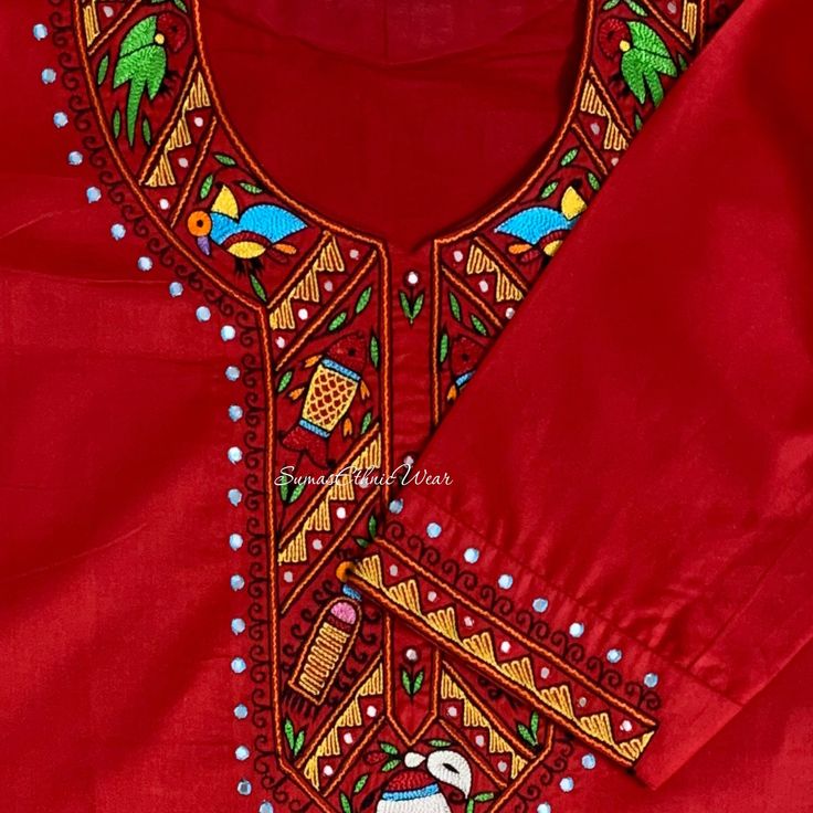 Introducing a game-changing masterpiece! Reinvent your traditional forte with this enchanting Maroon Red cotton Birds hand Embroidered Kurti. The intricate embroidery on the sleeves and yoke adds an exquisite touch, making this Kurti an absolute must-have. Elevate your style and embrace the beauty of craftsmanship. Size fits 38/44 ( Margins Included) Colour : Maroon Red Print or Pattern Type : Hand Embroidery Length Of Kurti : 40 inches Sleeve length : 3/4 Sleeves Back Neck : 'U' Neck Front Neck Unstitched Red Traditional Wear With Handwork, Red Unstitched Traditional Wear With Handwork, Embroidered Traditional Kurta With Motifs, Multicolor Embroidered Kurta With Motifs For Traditional Ceremonies, Festive Multicolor Embroidered Kurta With Traditional Patterns, Unstitched Red Sets With Handwork, Traditional Cotton Embroidered Fabric For Festive Occasions, Traditional Embroidered Top For Festive Occasions, Red Cotton Kurta For Traditional Ceremonies