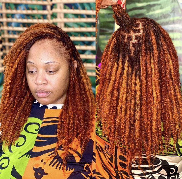 Ginger Ombre Locs Black Women, Fall Color Dreads Black Women, Ginger Locs With Blonde Highlights, Red And Brown Locs, Ginger And Red Locs, Fall Color Locs, Copper Dreadlocks, Ginger And Blonde Locs, Auburn Locs Black Women