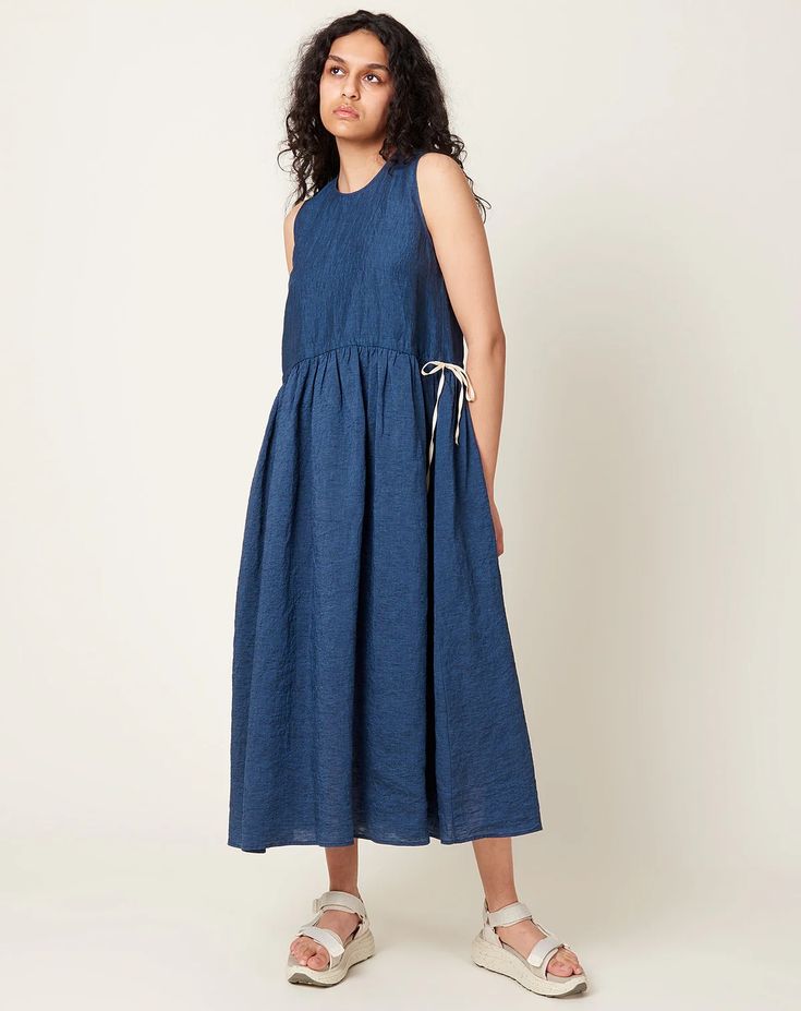 Sleeveless Drawstring Dress in Denim Chambray Linen | apuntob | Covet + Lou | Covet + Lou Sleeveless Chambray, Drawstring Dress, Drawstring Dresses, Daytime Dresses, Vintage Shoes, Linen Dress, Vintage Children, Diy Clothes, Chambray