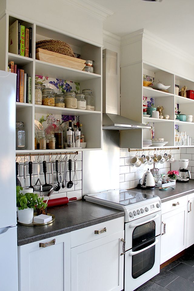 the kitchen is clean and ready for us to use it's stove top oven