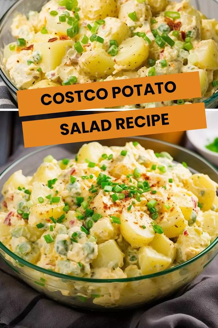 potato salad in a glass bowl with the words costo potato salad recipe