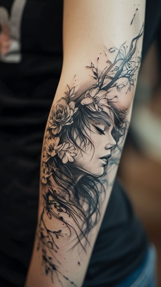 a woman's arm with flowers and branches on her head, in black and white