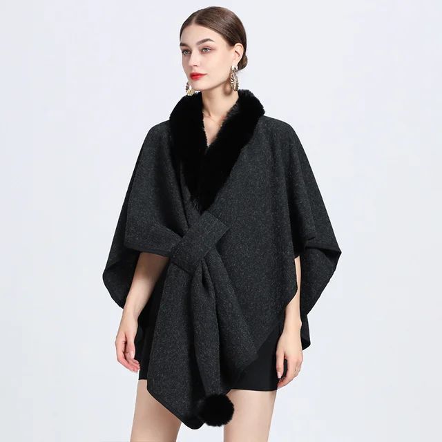 Rabbit Fur Collar Half Sleeve Poncho Women Loose Knit Cape Cardigan CoatHigh quality fashion elegant cape shawl coatHigh-grade faux rabbit fur collar and artificial wool, feels the same to the touch as the real thingOne Size:Oversize Relaxed style, suitable for allUnrestricted bust, length is 83cm Sleeveless Dresses Casual, Knitted Cape, Fur Shawl, Rex Rabbit, Mini Robes, Vestidos Vintage, Women Shawl, Loose Knit, Woolen Coat