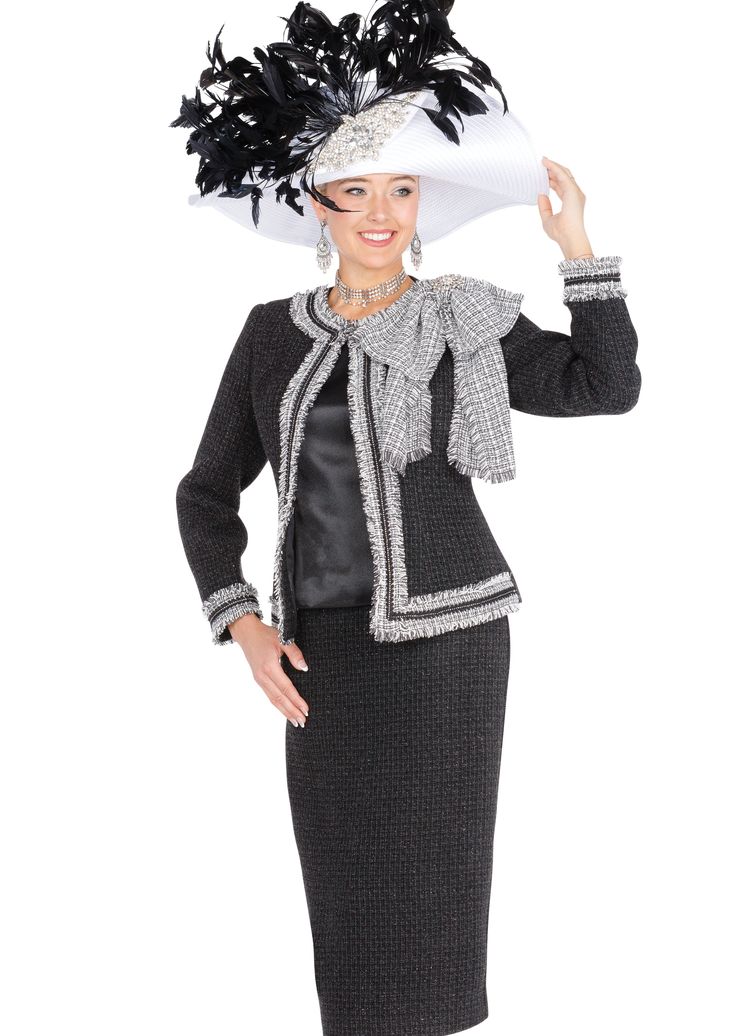 Elite Champagne 6162 black skirt suit Suit Colors, Matching Hat, Outdoor Clothing, Suit Fashion, Knit Skirt, Skirt Suit, Wedding Styles, 3 Piece, White Black