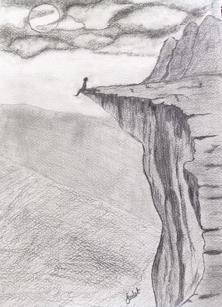 a pencil drawing of a man standing at the edge of a cliff