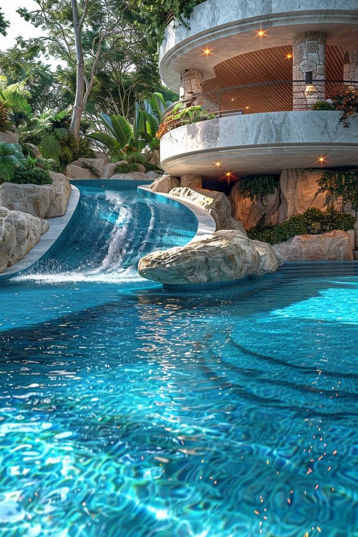 an indoor swimming pool with a slide and waterfall in the middle, surrounded by trees