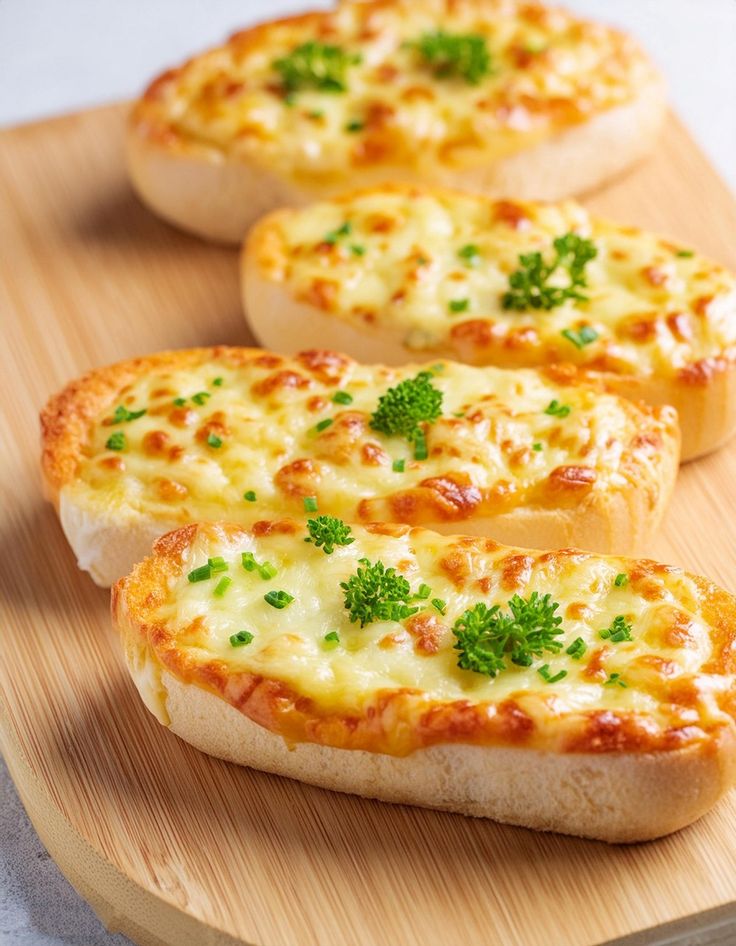 three pieces of bread with cheese and parsley on top sitting on a cutting board