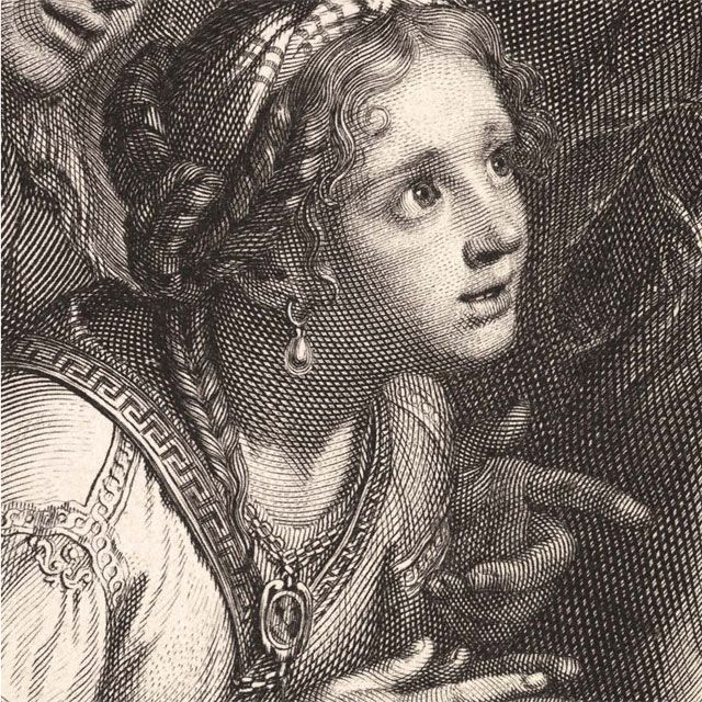 an old drawing of a woman with braids on her head and another woman in the background