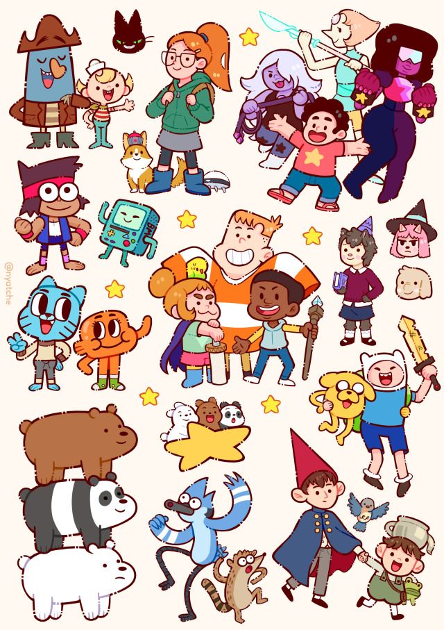 various cartoon characters are grouped together