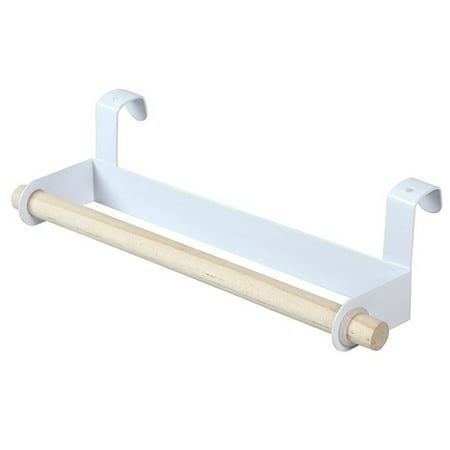 a white wall mounted towel rack with two wooden bars on the bottom and one rod attached to it