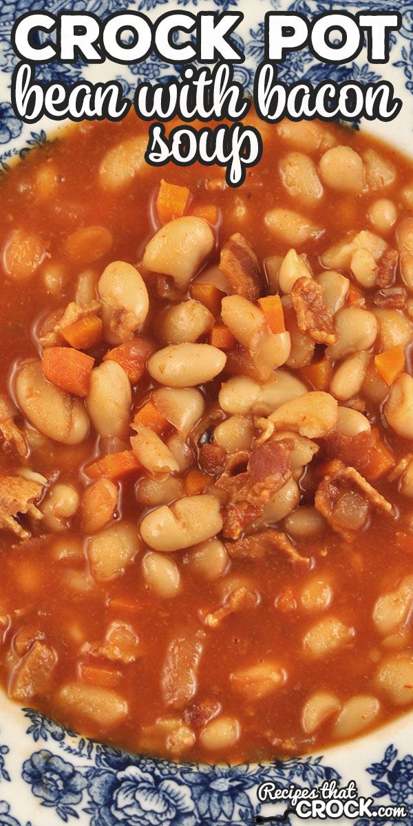 crock pot bean with bacon soup on a blue and white plate