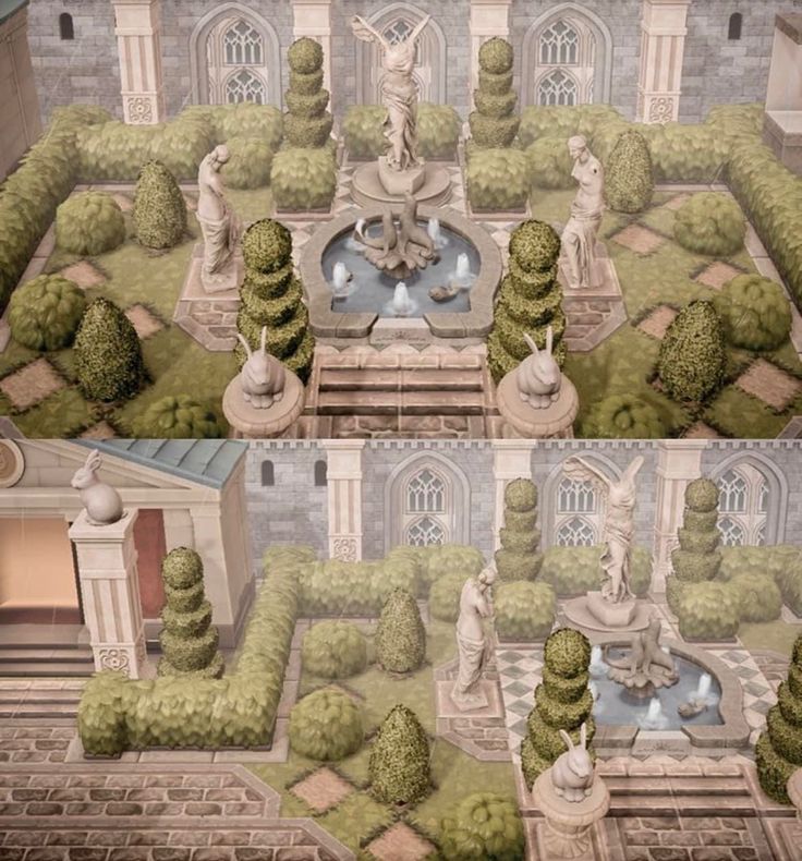 two views of a garden with fountains and trees