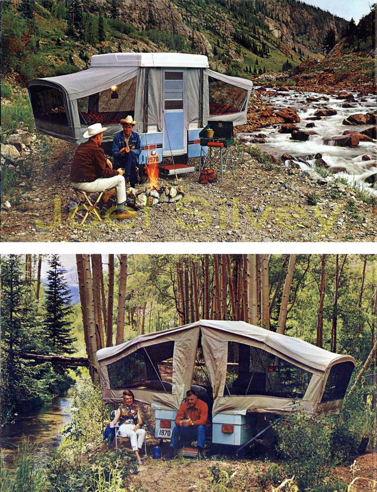 two pictures of people sitting in chairs next to a campfire and an rv parked on the side of a river