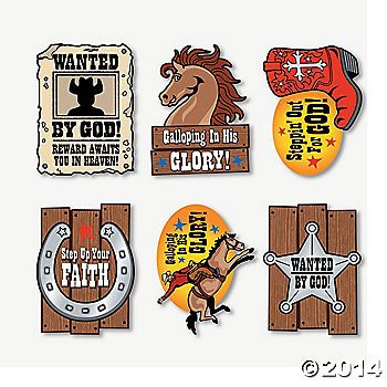 four cowboy themed stickers are shown in different colors and sizes, including one with a horse on it