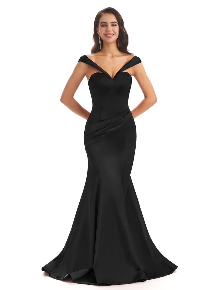 black|adrienne Fitted Satin V-neck Bridesmaid Dress, Black Satin Gown With Sweetheart Neckline, Stretch Satin Evening Gown, Black Satin Evening Dress With Satin Finish, Stretch Satin Evening Dress For Gala, Satin Mermaid Evening Dress, Satin Fishtail Evening Dress For Gala, Black Satin V-neck Evening Dress, Black Satin Finish Gown