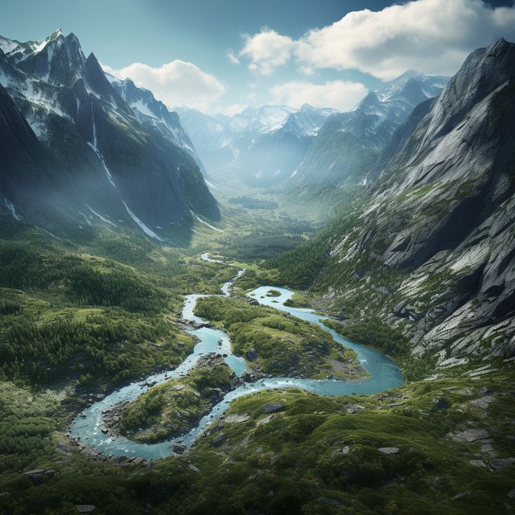 an aerial view of a mountain valley with a river running through it