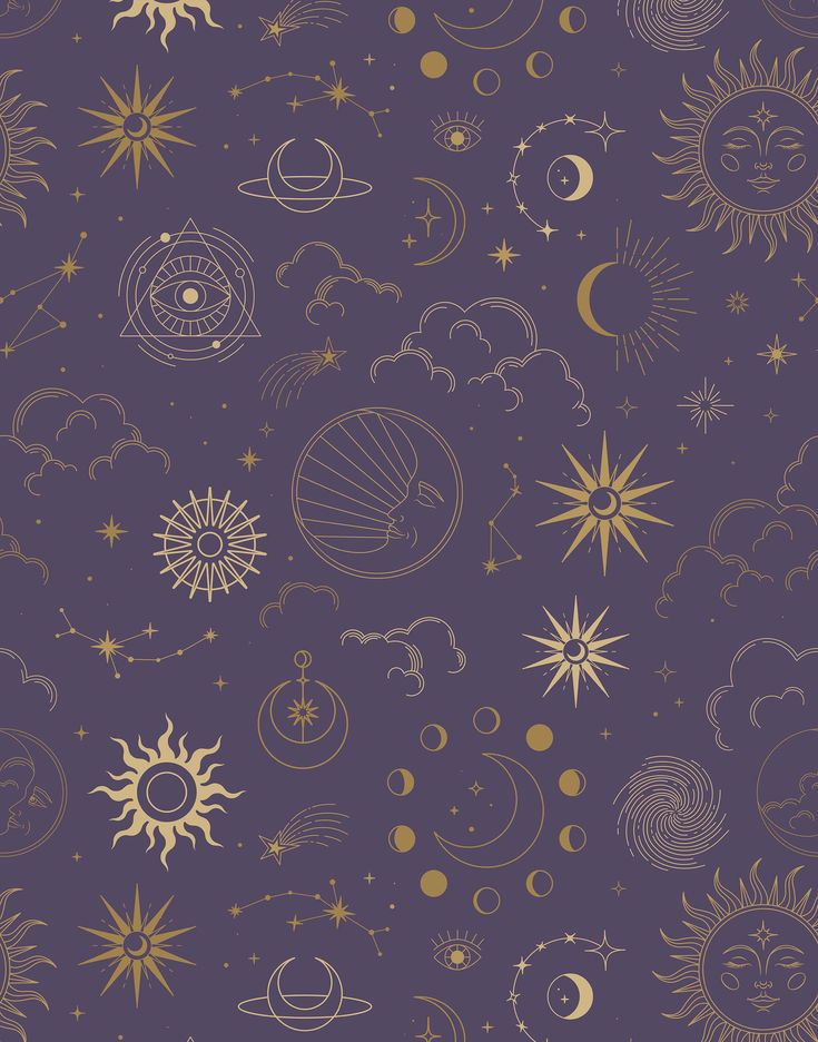 a purple background with gold stars and moon designs on the bottom right hand corner is an illustration of sun, planets, and clouds