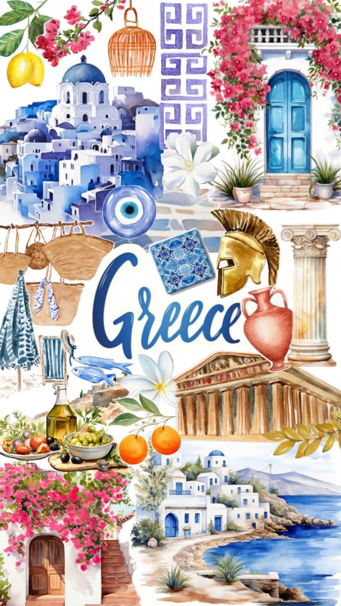 an illustration of greece with flowers and buildings