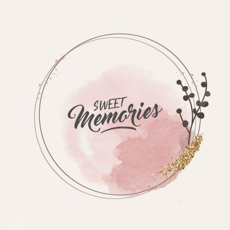 the words sweet memories written in black and gold on a pink watercolor stain background