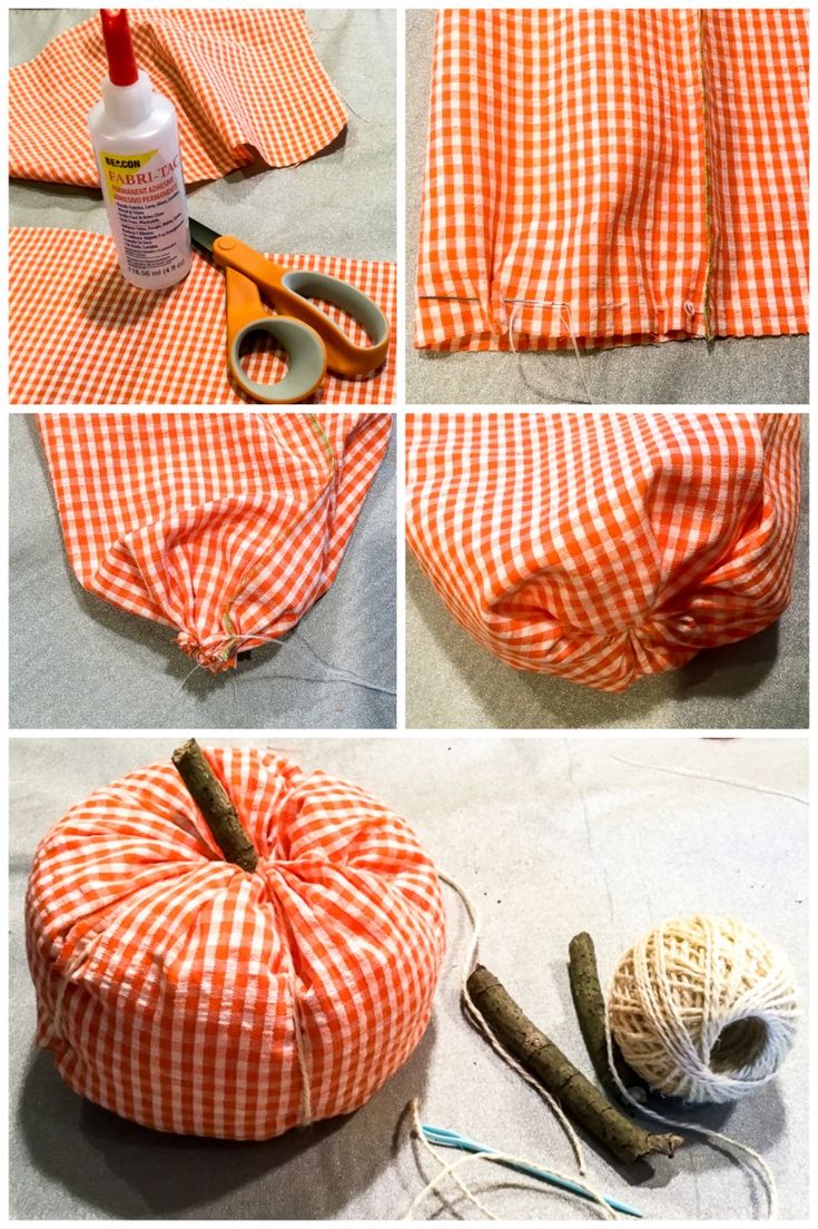 the steps to make an orange and white checkered pumpkin pillow with yarn on it