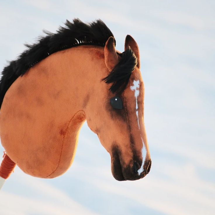 a brown horse with black mane standing in the snow