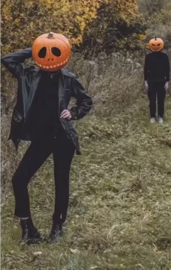 two people with pumpkin heads walking down a path