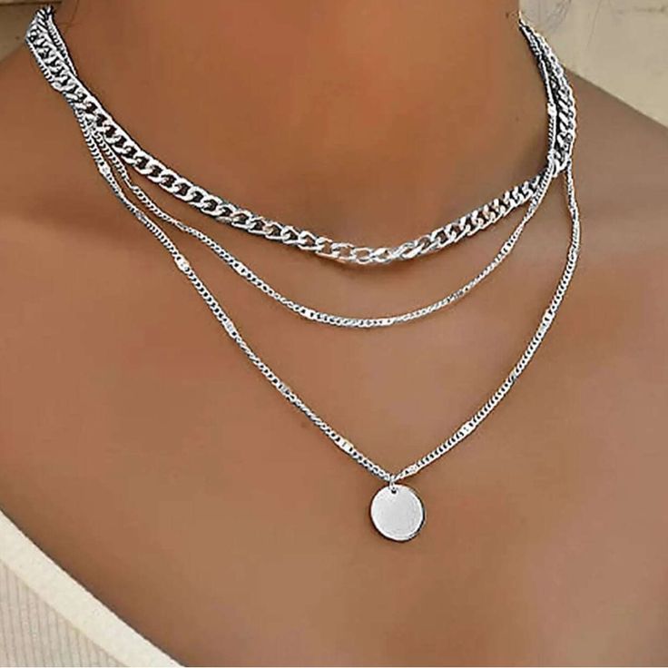 Brand New And Absolutely Beautiful Length:13.8-15.7 Inch Sterling Silver Silver Necklace Inspiration, Silver Jewelry Layering, Jewelry Silver Necklaces, Silver Jewelry Chunky, Stacked Silver Necklaces, Layered Jewelry Silver, Silver Necklace Stack, Silver Layer Necklace, Silver Layering Necklaces