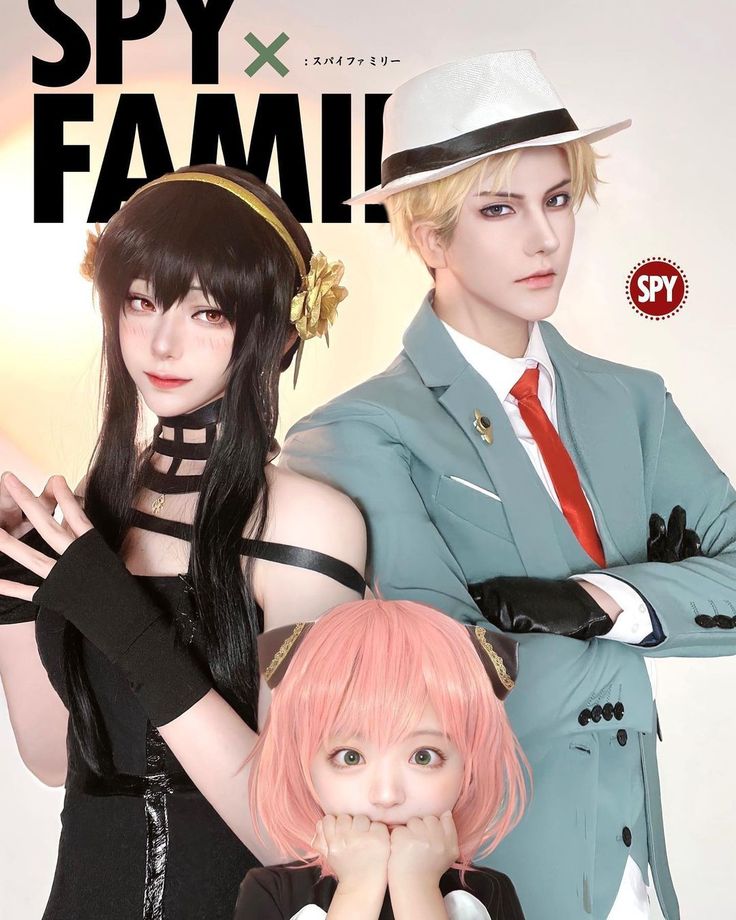 two people dressed in costumes and hats posing for a magazine cover with the caption spy family