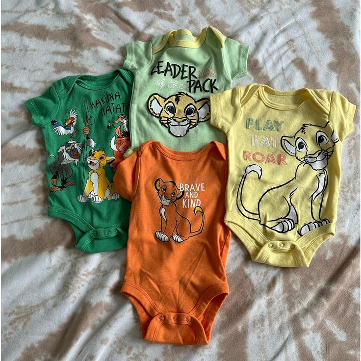 Like New, Bundle Of Four Disney The Lion King Onesies. The Orange Body Suit With Just Simba On It Is Jumping Bean, Baby Bean, And Is 3 Months. The Other Three, Are Disney Baby, Size 0-3 Month. Other Than The Yellow “Play Eat Roar” These Were Never Worn. They All Look Brand New! Lion King Nursery, Monthly Celebration, Lion King Baby Shower, Lion King Baby, Baby Nurseries, Disney The Lion King, Boy Boy, King Baby, Couture Sewing Techniques