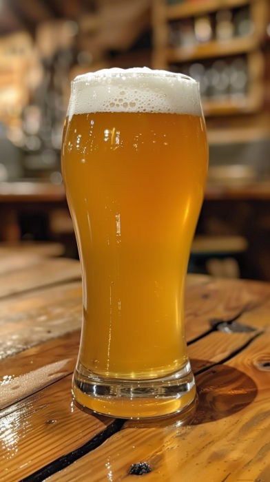 a glass of beer sitting on top of a wooden table