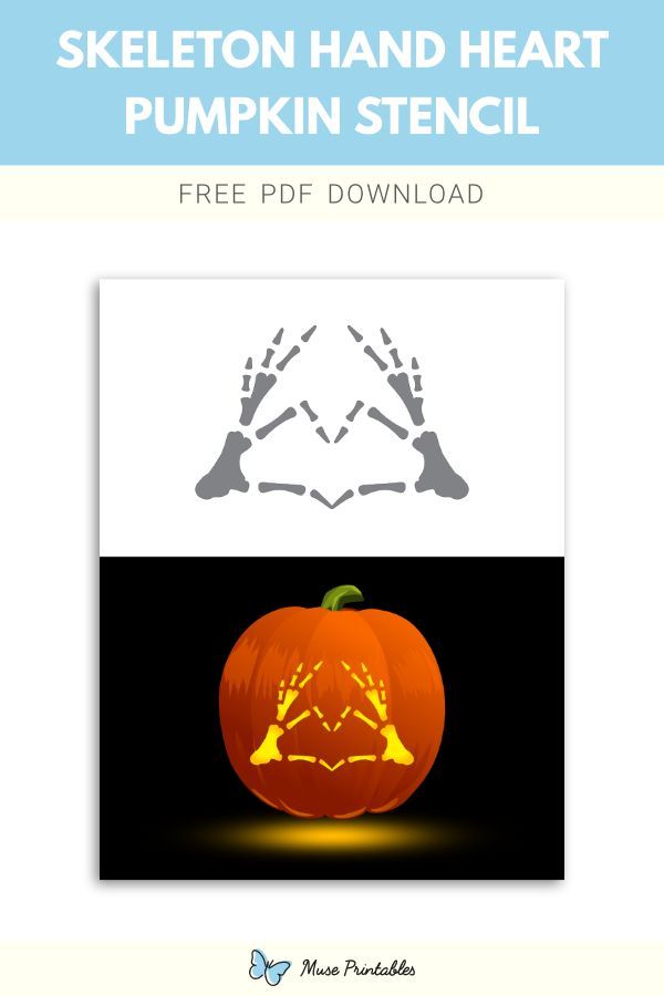 a pumpkin with the text skeleton hand heart pumpkin stencil, and an image of a