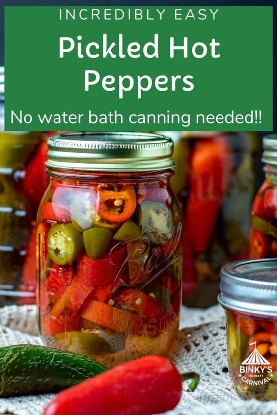 pickled peppers in mason jars with text overlay that reads 5 minute pickled peppers