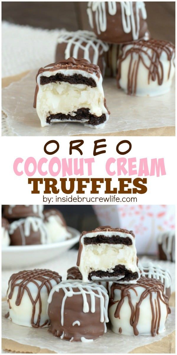 chocolate covered coconut cream truffles are stacked on top of each other and ready to be eaten