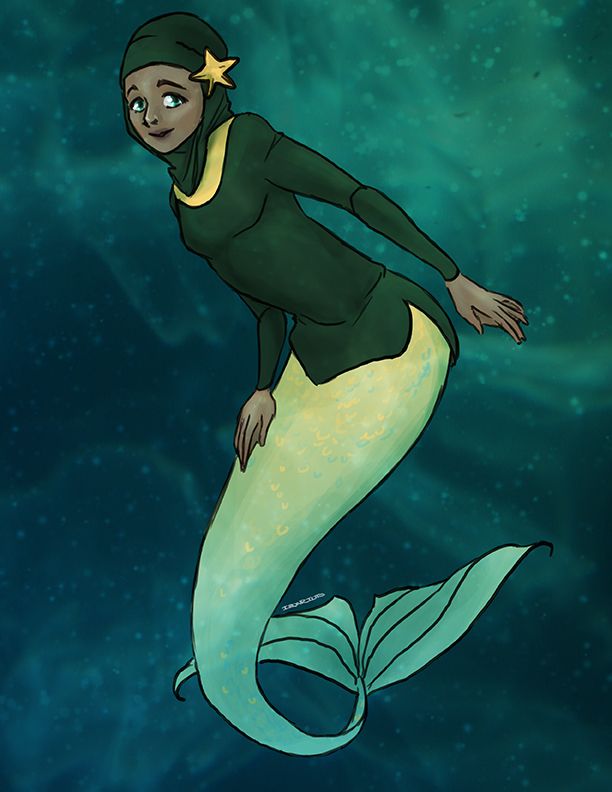 the little mermaid is floating in the water with her head turned to look like she's wearing a green outfit