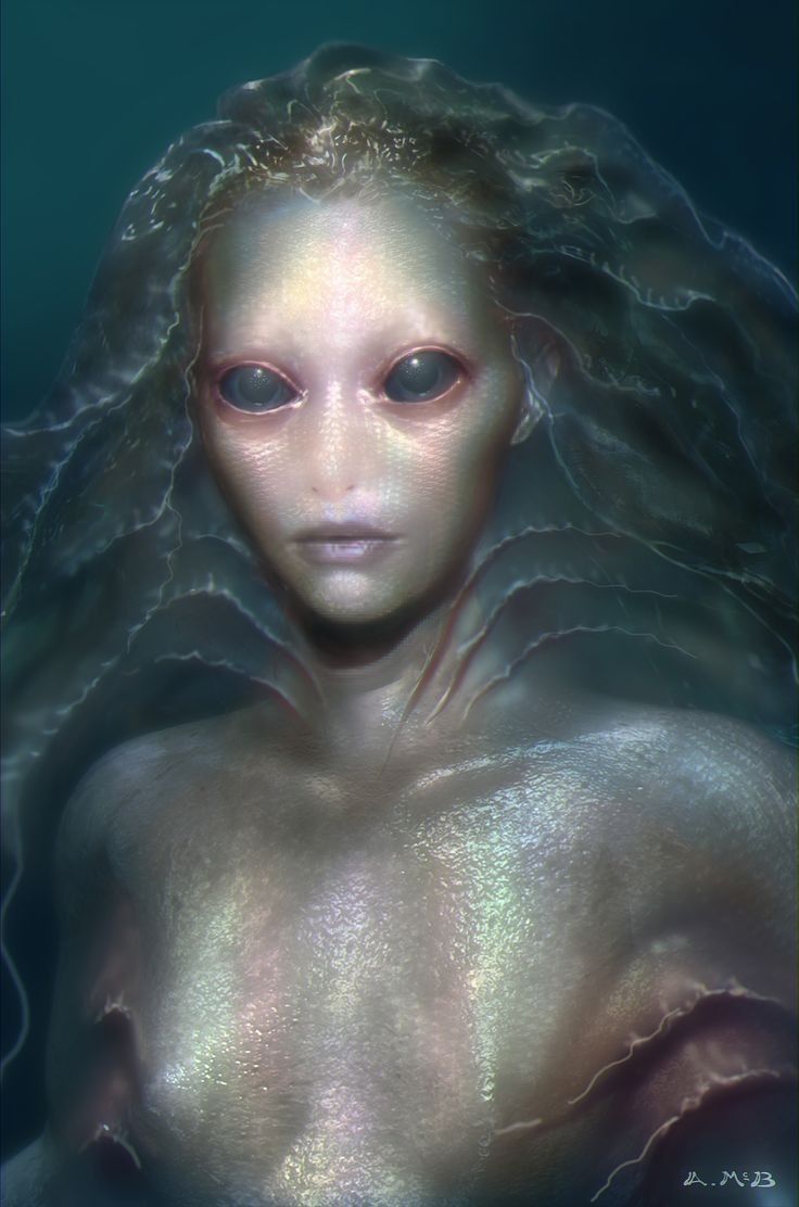 an alien woman with long hair and blue eyes is shown in this digital painting image